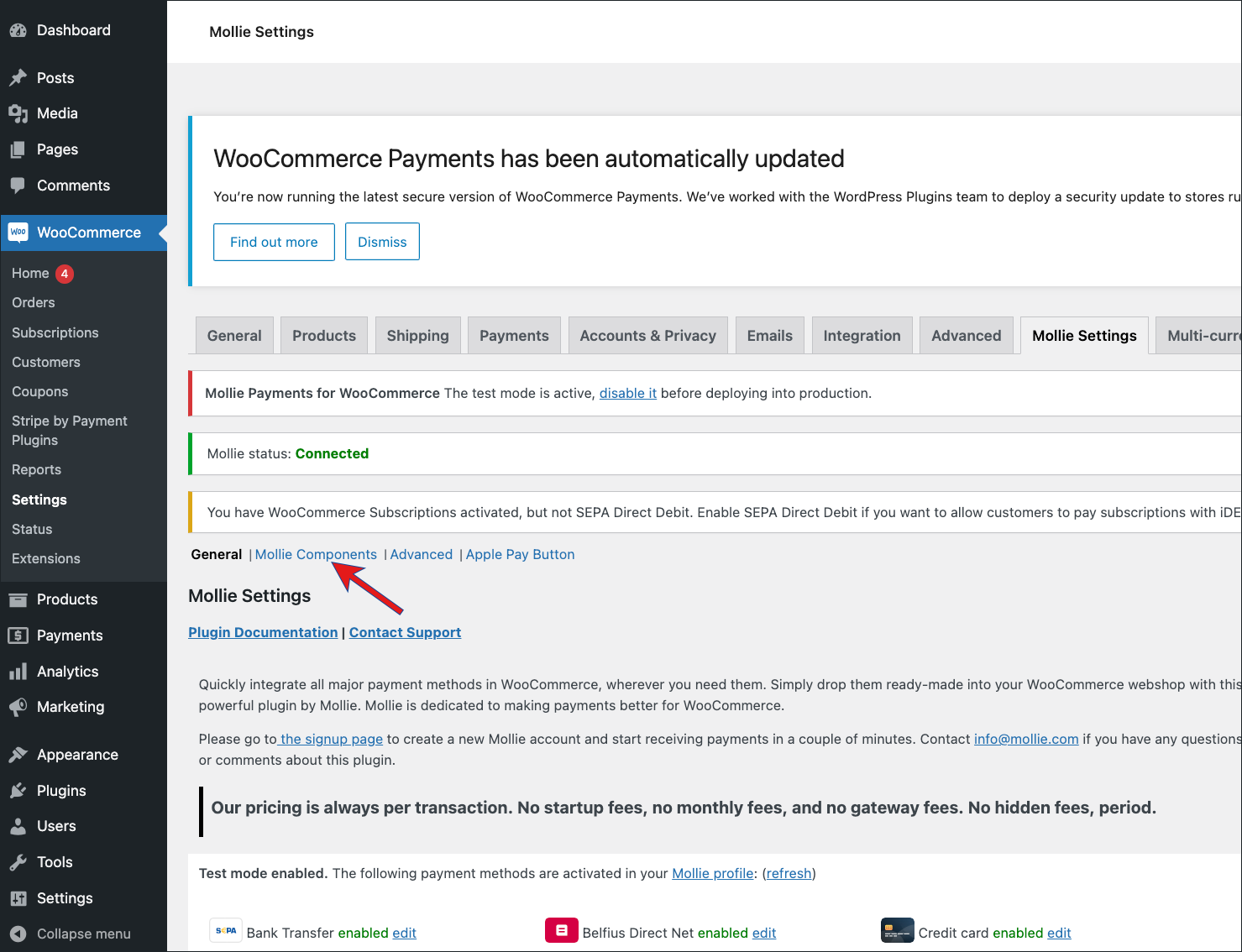 Mollie Settings Page, location of Mollie Components link
