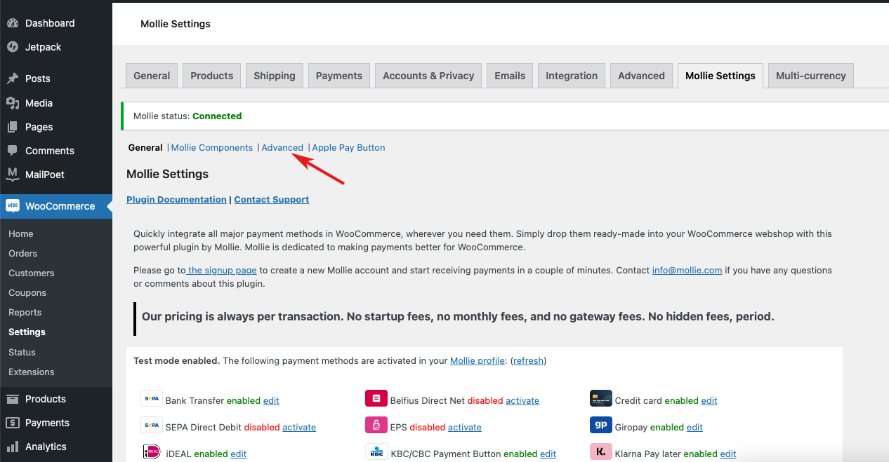 Mollie settings page, location of advanced link