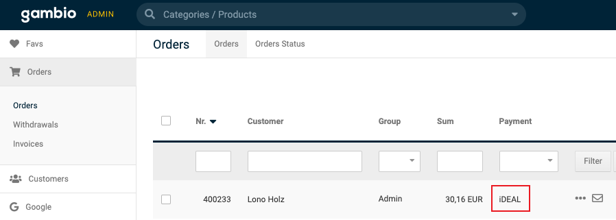 Screenshot of payment method alias in order overview